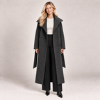 Long Wool Coat Women Belted with Funnel Neck and Pockets 1