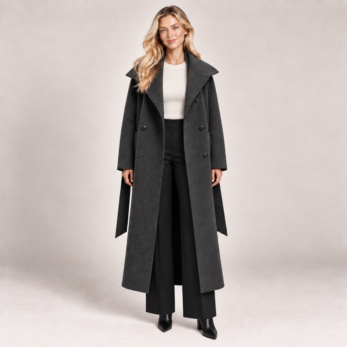 Long Wool Coat Women Belted with Funnel Neck and Pockets 1