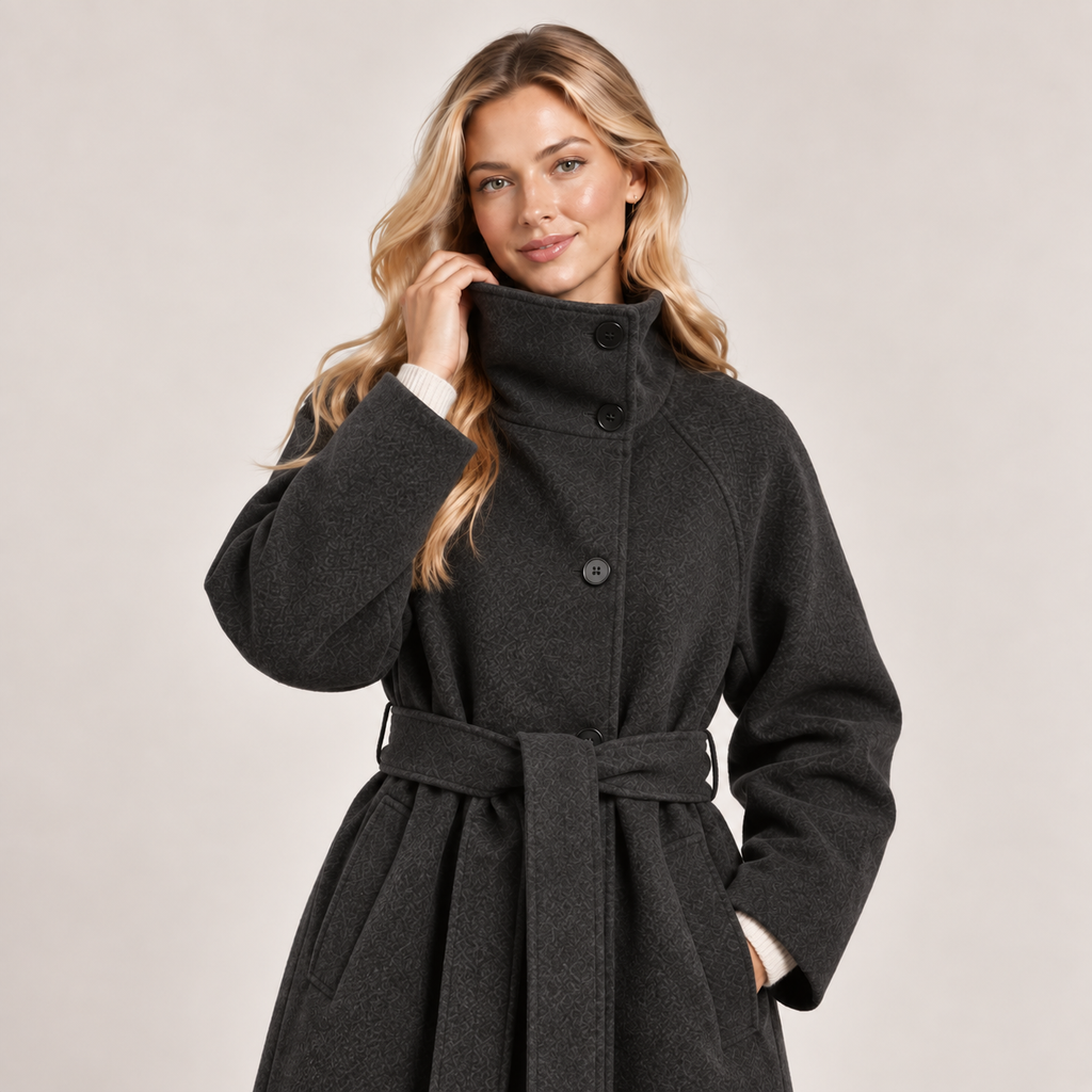 Long Wool Coat Women Belted with Funnel Neck and Pockets 3