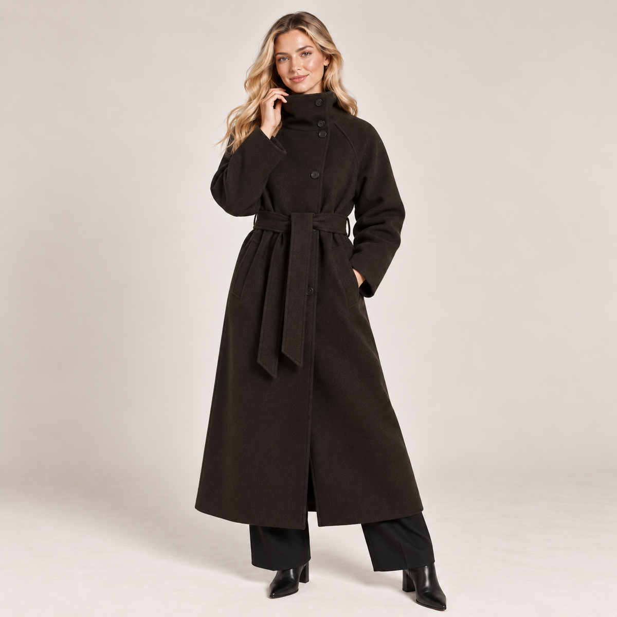 Long Wool Coat Women Belted with Funnel Neck and Pockets 4