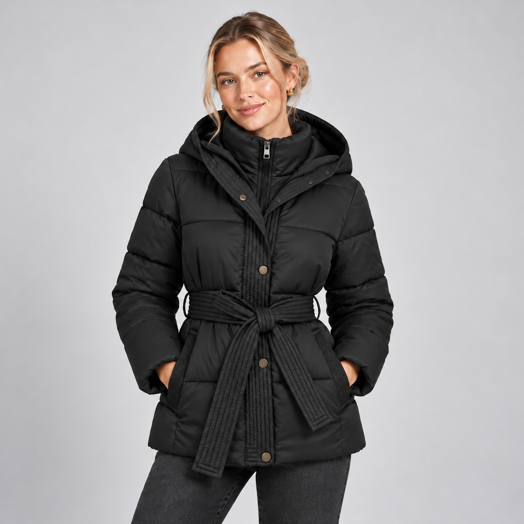 Longline Winter Puffer Jacket Women Belted with Hood and High Neck 2