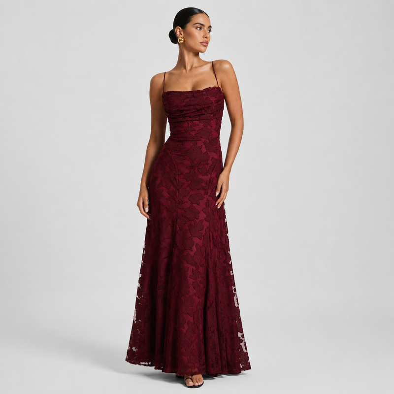 Maxi Dress with Floral Jacquard and Sleeveless Cami Design Cherry 0