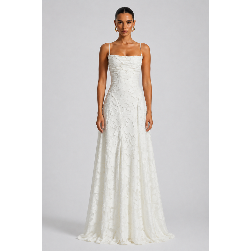 Maxi Dress with Floral Jacquard and Sleeveless Cami Design Ivory 0