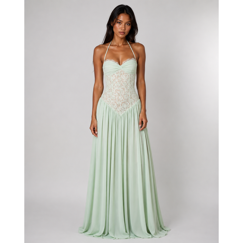Maxi Dress with Floral Lace Detail and Sleeveless Design Green 0