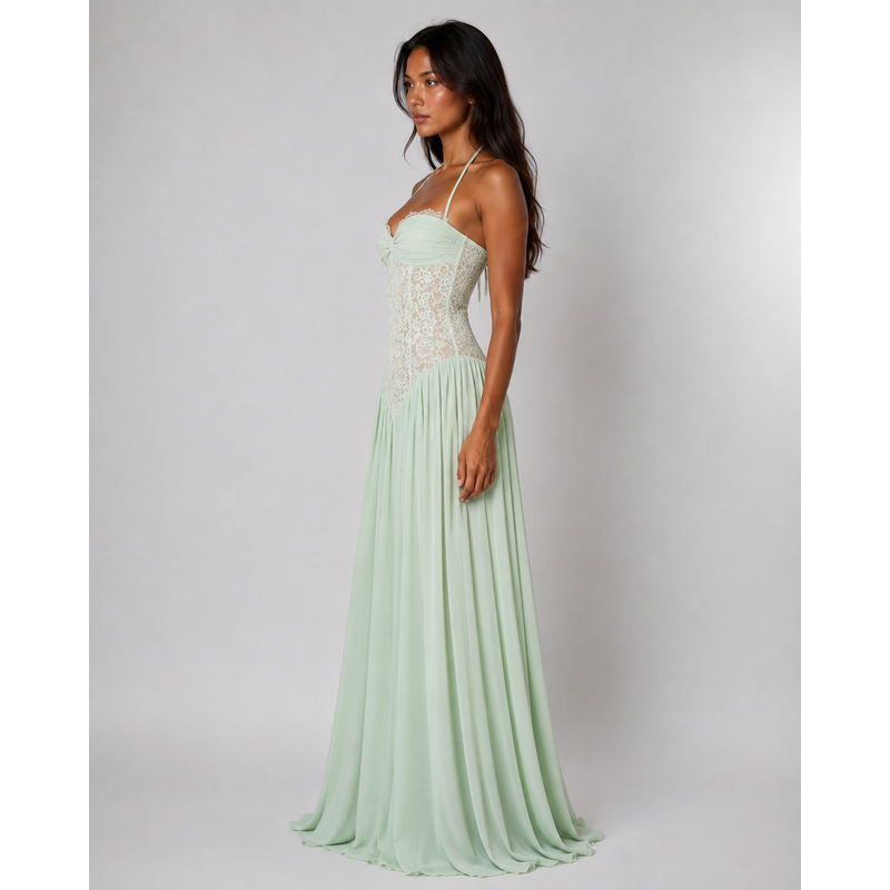 Maxi Dress with Floral Lace Detail and Sleeveless Design Green 2
