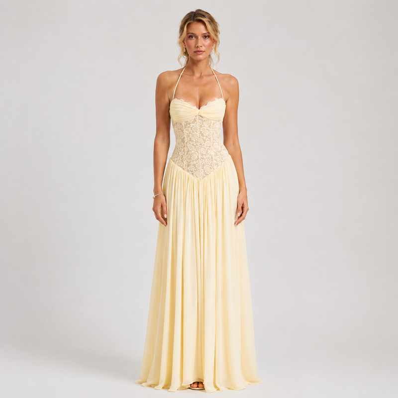 Maxi Dress with Floral Lace Detail and Sleeveless Design Yellow 0