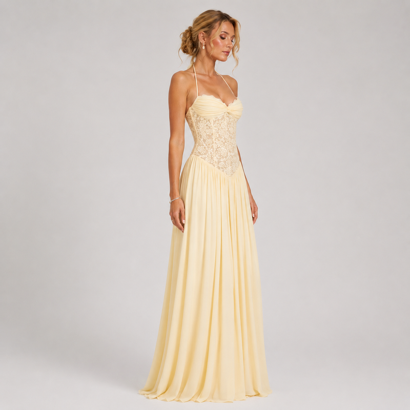 Maxi Dress with Floral Lace Detail and Sleeveless Design Yellow 1