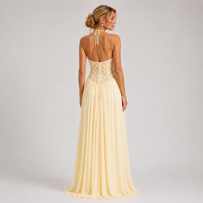 Maxi Dress with Floral Lace Detail and Sleeveless Design Yellow 2