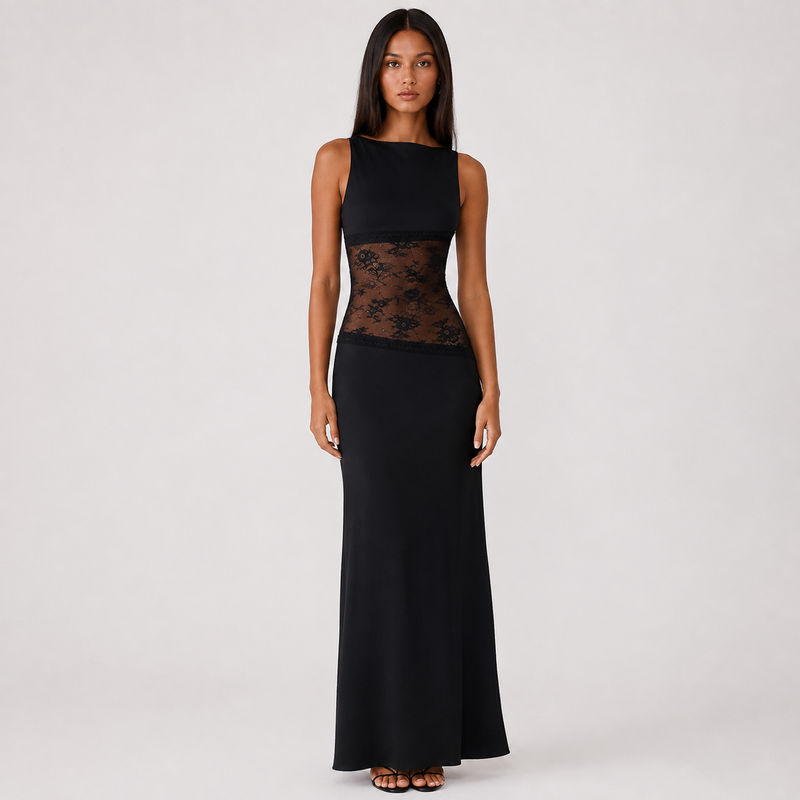Maxi Dress with Low Back and Lace Waistband 0