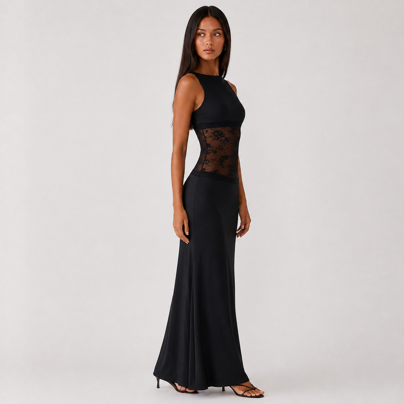 Maxi Dress with Low Back and Lace Waistband 1