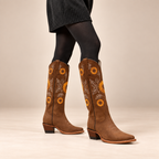 Mid Calf Boots Floral Embroidered Faux Suede Block Heel Pointed Toe 3