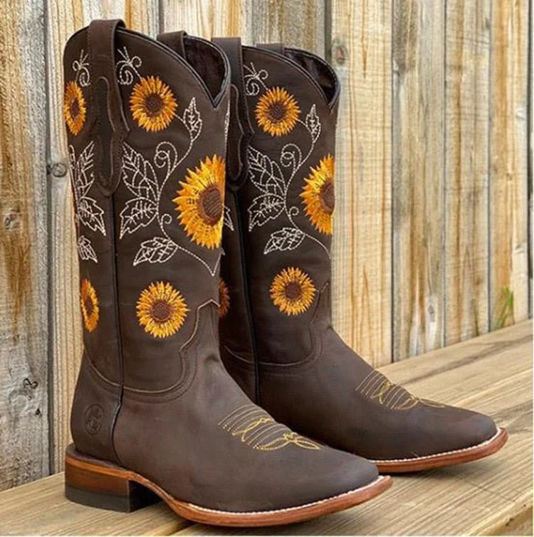 Mid Calf Boots Floral Embroidered Faux Suede Block Heel Pointed Toe 5