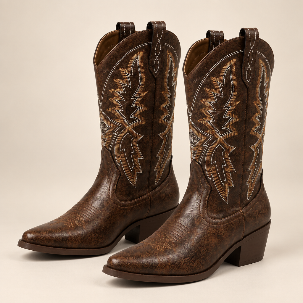 Mid Calf Cowboy Boots Embroidered Faux Leather Pointed Toe Block Heel 0