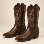 Mid Calf Cowboy Boots Embroidered Faux Leather Pointed Toe Block Heel 0