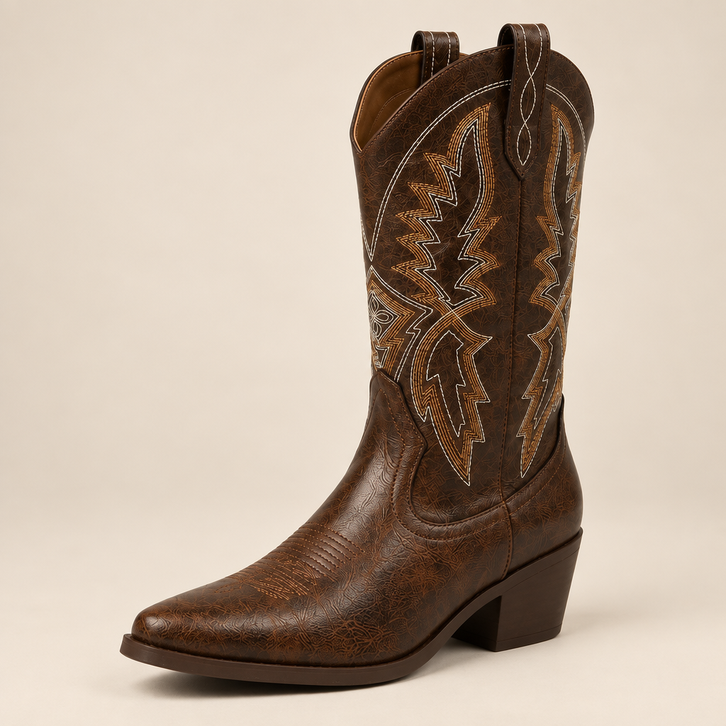Mid Calf Cowboy Boots Embroidered Faux Leather Pointed Toe Block Heel 3