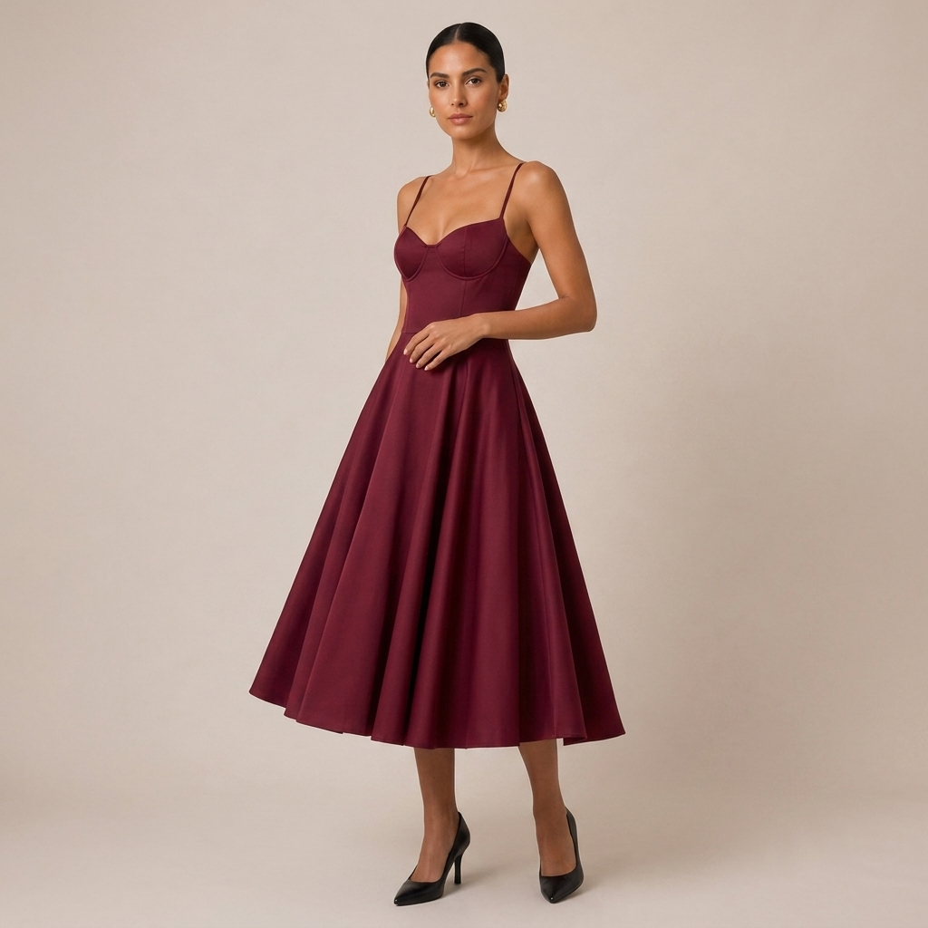 Midi Dress with Sweetheart Neckline for Wedding Guest 0