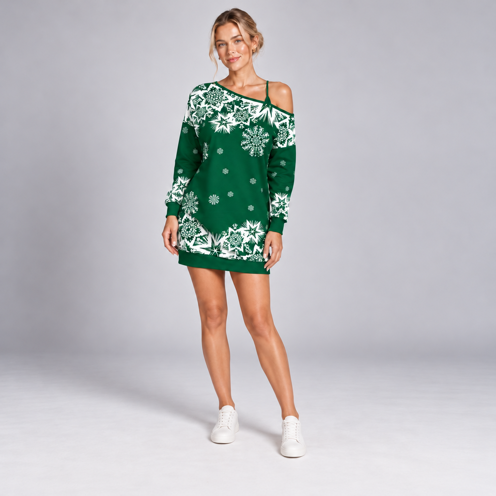 Off Shoulder Christmas Party Jumper Dress Long Sleeve Snowflake Pattern 3