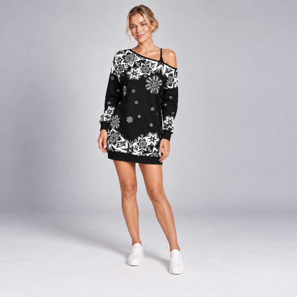 Off Shoulder Christmas Party Jumper Dress Long Sleeve Snowflake Pattern 5