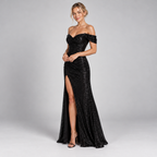 Off Shoulder Sequin Maxi Christmas Party Dress with Thigh Split 1