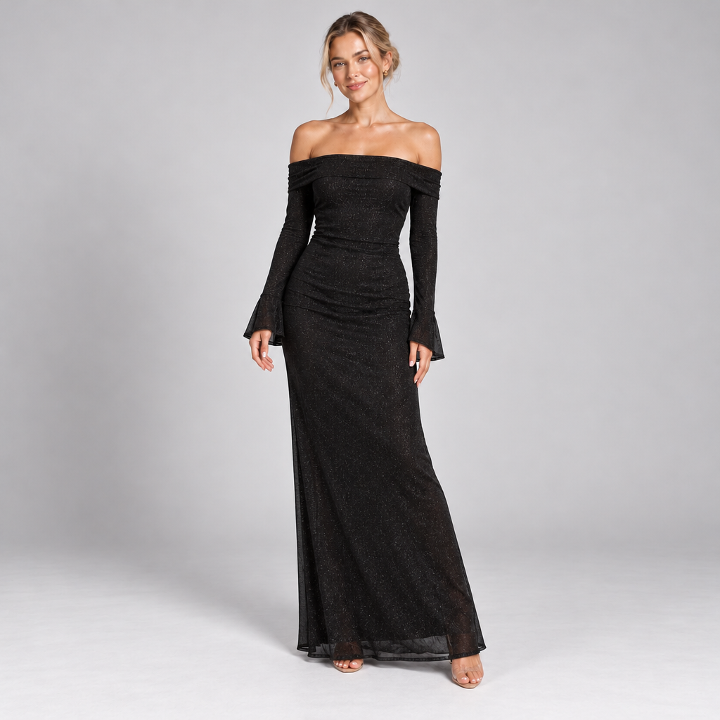 Off Shoulder Sparkly Maxi Christmas Party Dress with Sheer Sleeves 0