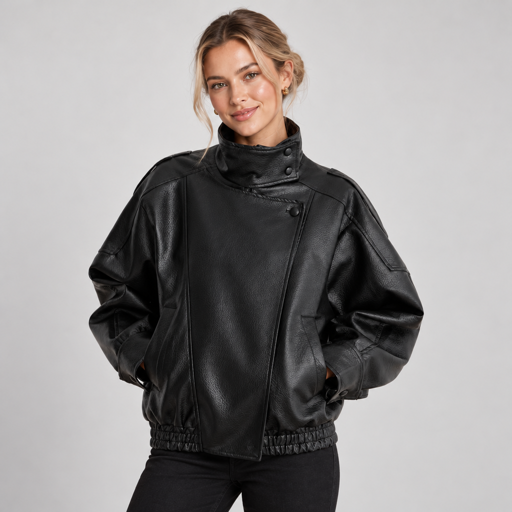 Oversized Faux Leather Jacket Women Black Funnel Neck Elasticated Hem 0