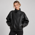 Oversized Faux Leather Jacket Women Black Funnel Neck Elasticated Hem 0