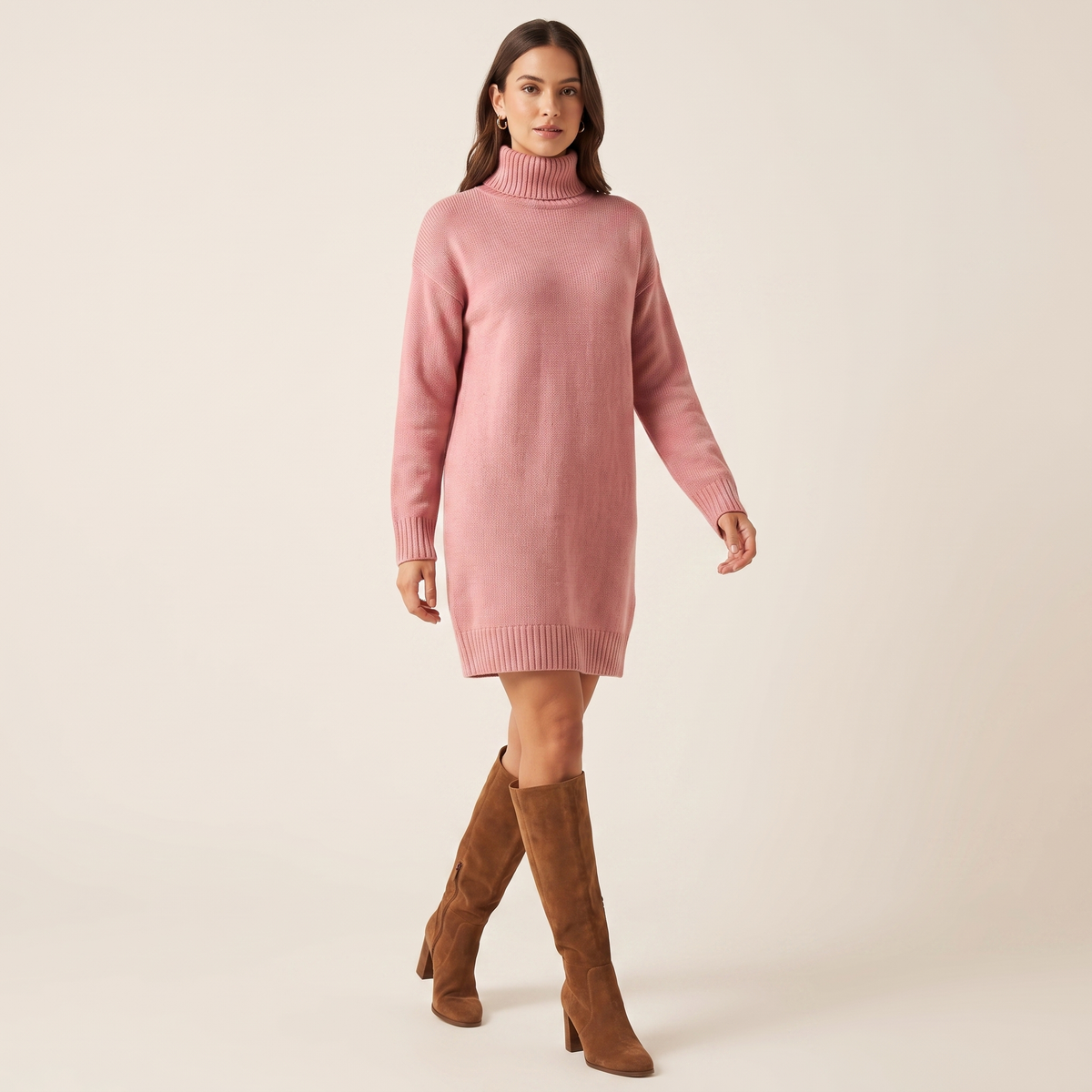 Oversized High Neck Jumper Midi Dress in Knit Blend 3