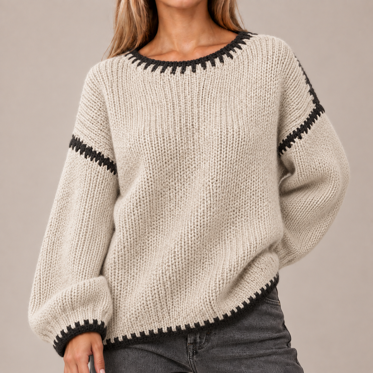 Oversized Jumper Women Chunky Knit Contrast Stitch 0