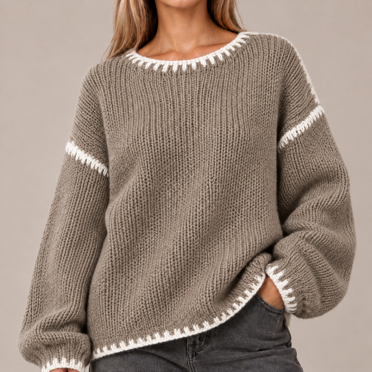Oversized Jumper Women Chunky Knit Contrast Stitch 2