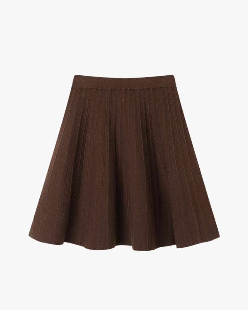 Women’s Pleated Mini Skirt – Elegant A-Line Knit Skater Skirt-Skirts-Brown-One size-Nausin