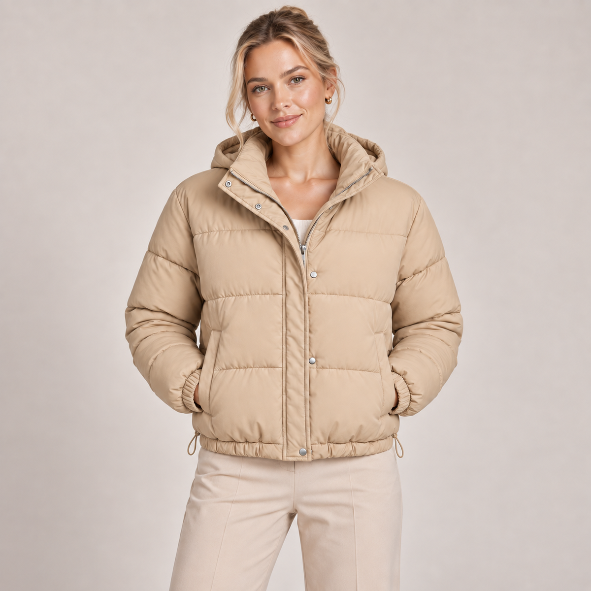 Padded Puffer Jacket Women Hooded Relaxed Fit Drawstring Waist 0