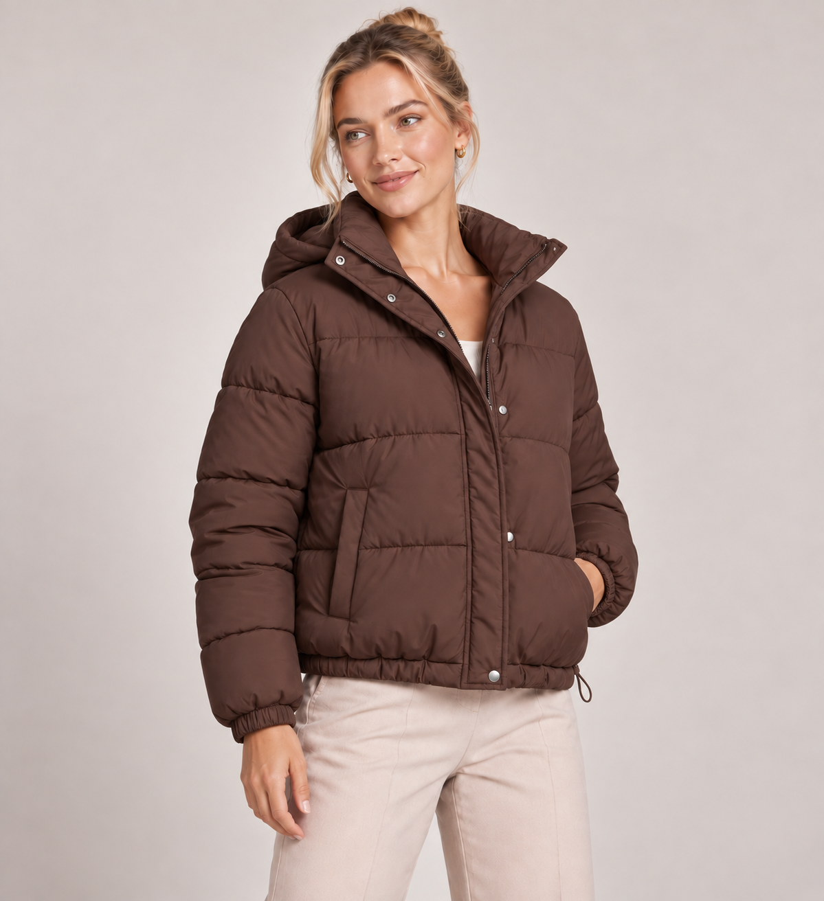 Padded Puffer Jacket Women Hooded Relaxed Fit Drawstring Waist 3