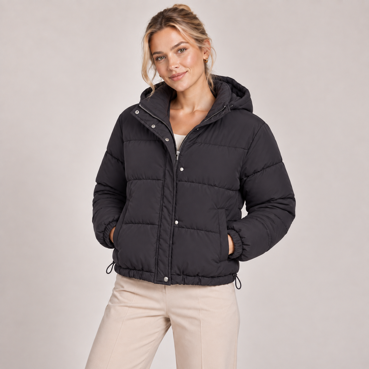 Padded Puffer Jacket Women Hooded Relaxed Fit Drawstring Waist 4