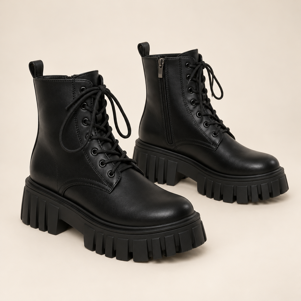 Platform Ankle Boots Chunky Lace Up Combat Style in Faux Leather 2