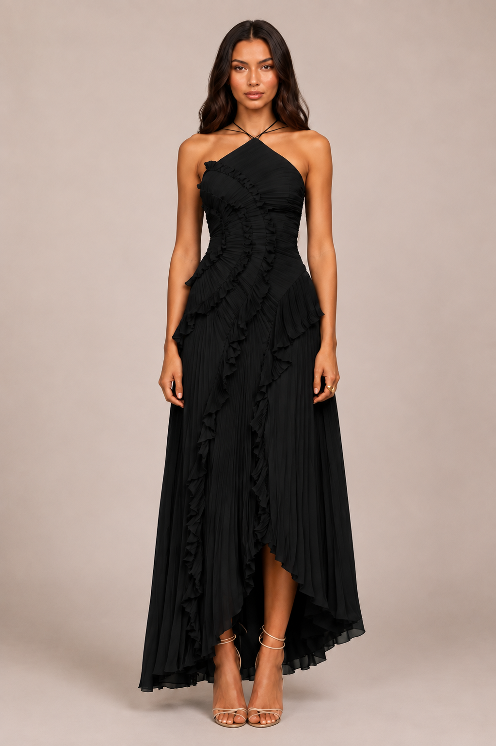 Pleated Ruffle Halter Maxi Dress with High-Low Hem for Wedding Guest 12