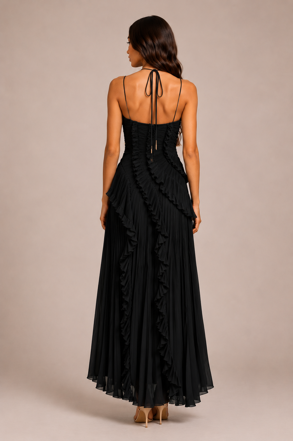 Pleated Ruffle Halter Maxi Dress with High-Low Hem for Wedding Guest 13