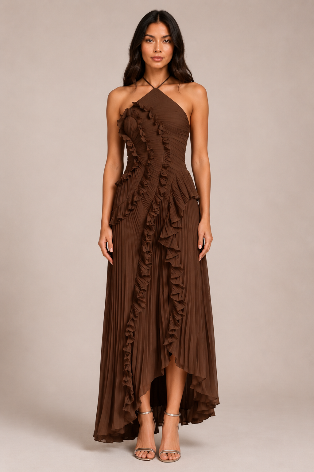 Pleated Ruffle Halter Maxi Dress with High-Low Hem for Wedding Guest 14