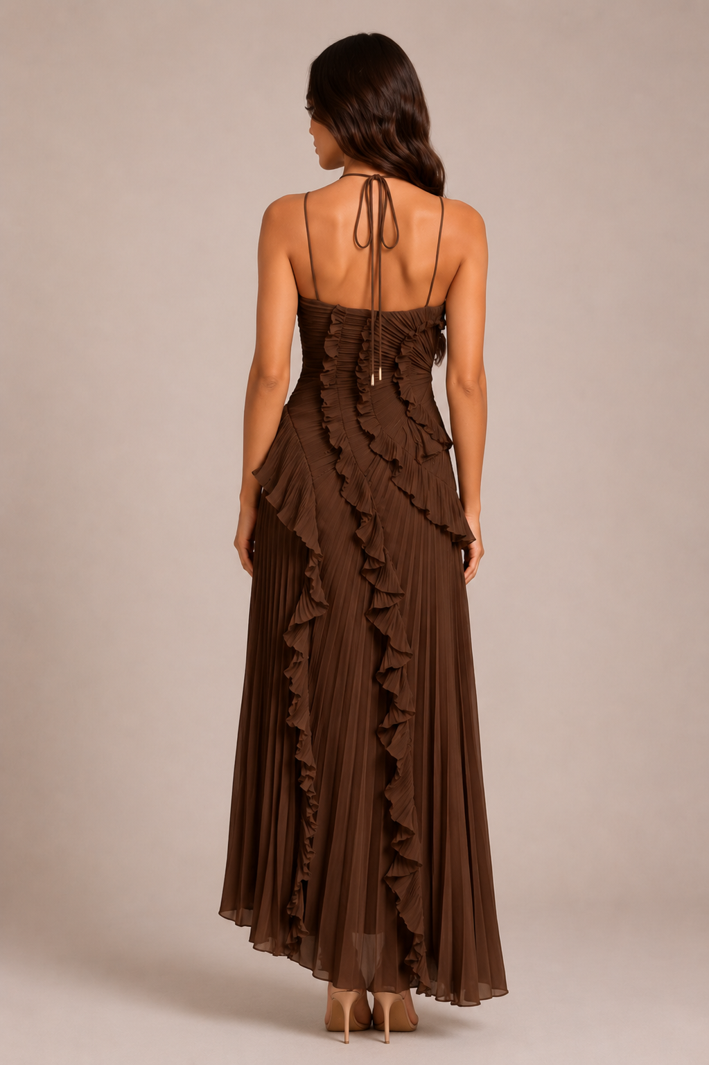 Pleated Ruffle Halter Maxi Dress with High-Low Hem for Wedding Guest 15