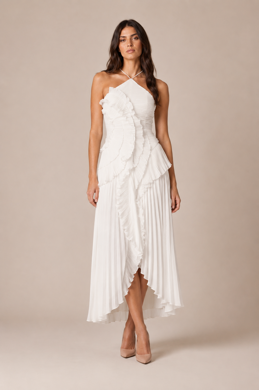 Pleated Ruffle Halter Maxi Dress with High-Low Hem for Wedding Guest 16