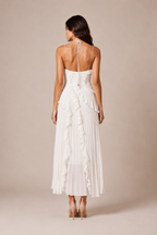 Pleated Ruffle Halter Maxi Dress with High-Low Hem for Wedding Guest 18