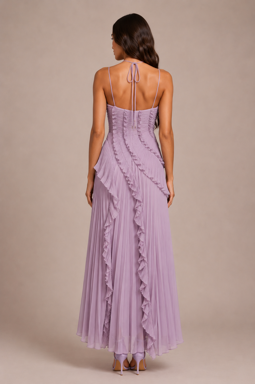 Pleated Ruffle Halter Maxi Dress with High-Low Hem for Wedding Guest 23