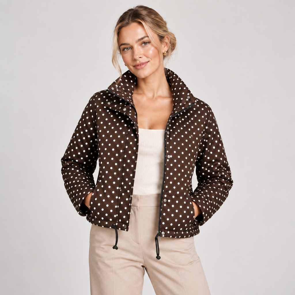 Polka Dot Jacket Women Cropped High Neck Zip Up Drawstring Hem 0