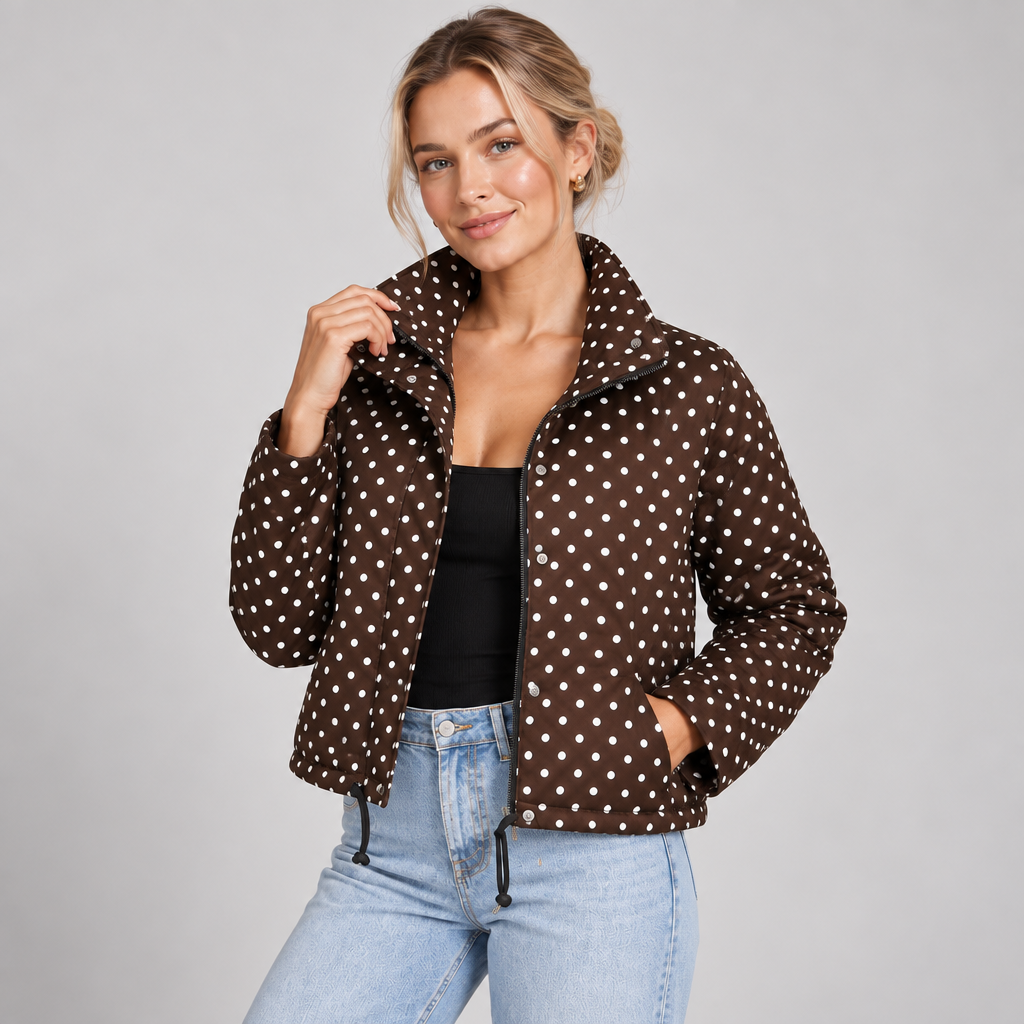 Polka Dot Jacket Women Cropped High Neck Zip Up Drawstring Hem 1
