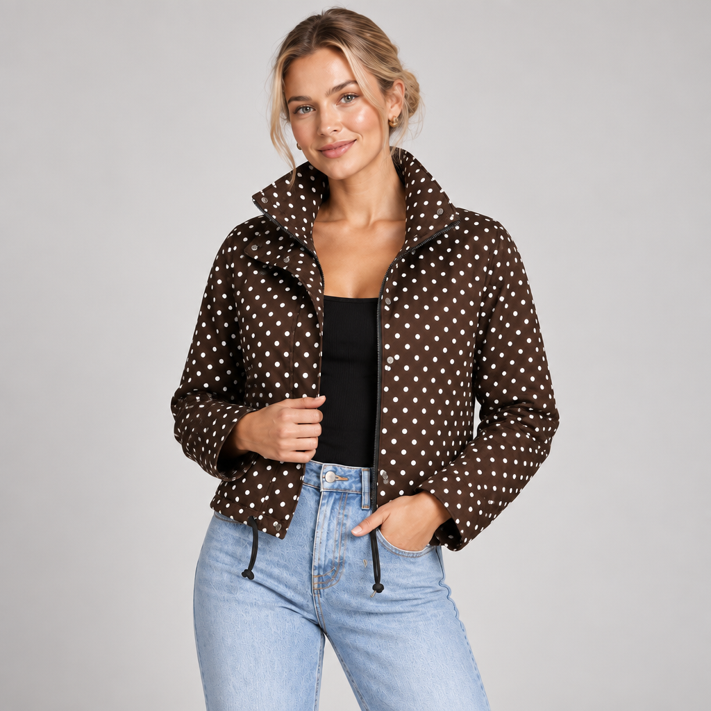Polka Dot Jacket Women Cropped High Neck Zip Up Drawstring Hem 2