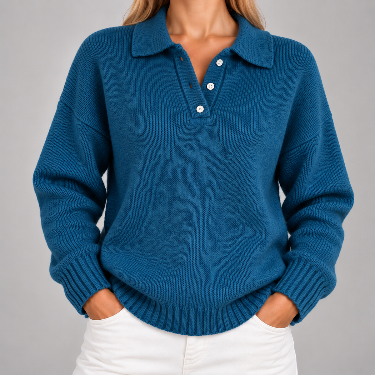 Polo Collar Jumper Women Half Button Relaxed Fit Soft Knit 3