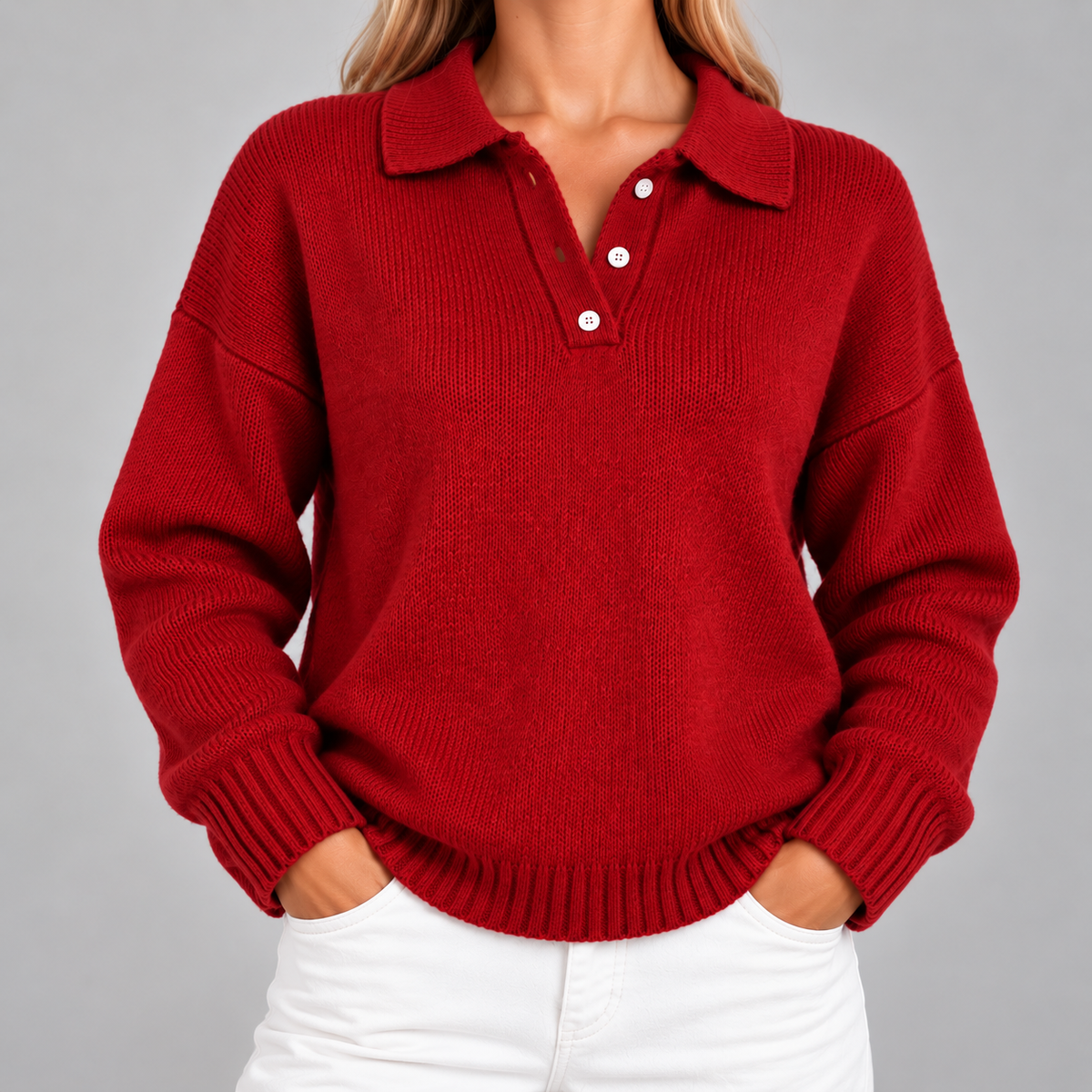 Polo Collar Jumper Women Half Button Relaxed Fit Soft Knit 4