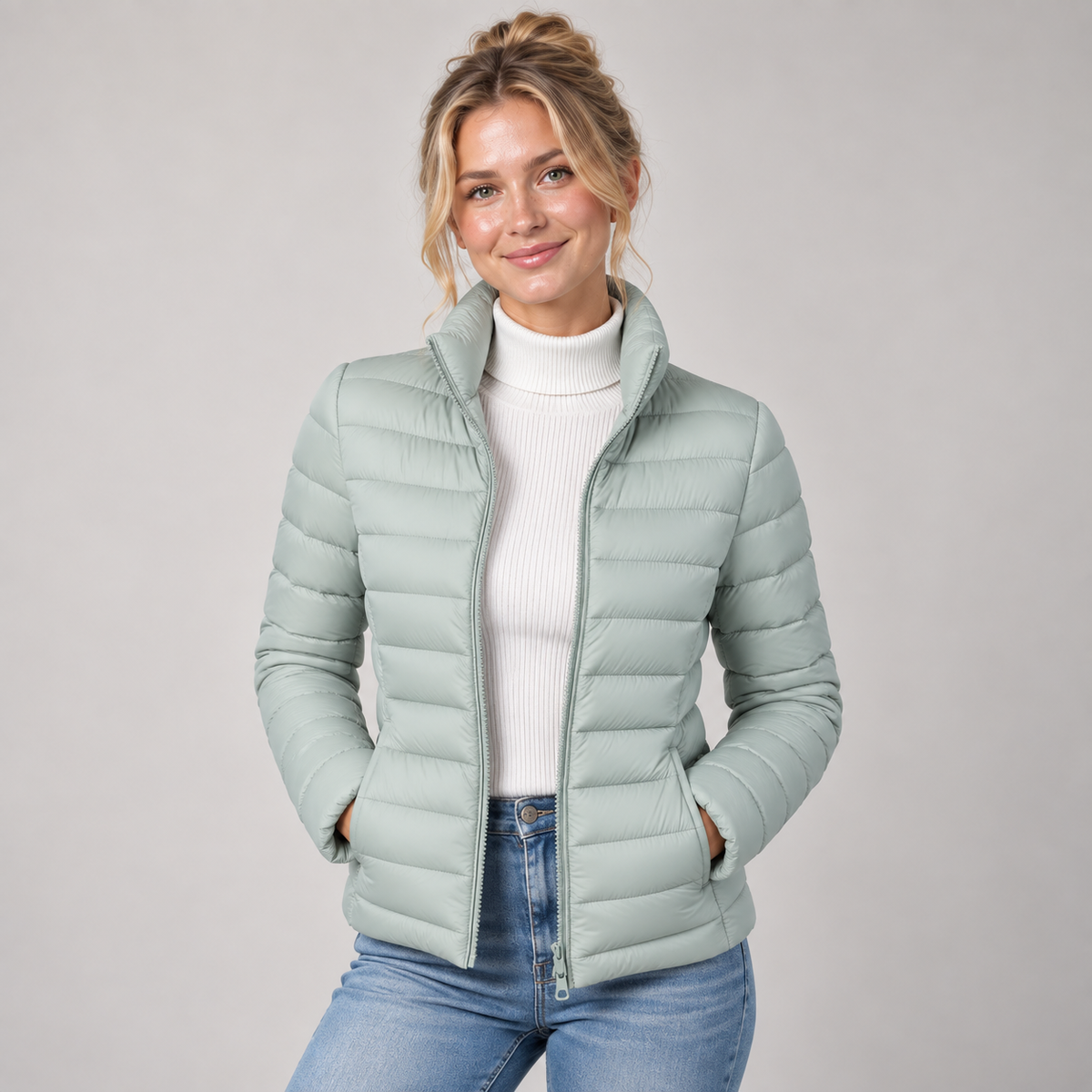 Puffer Jacket Women Lightweight Quilted Stand Collar Tailored Fit 0