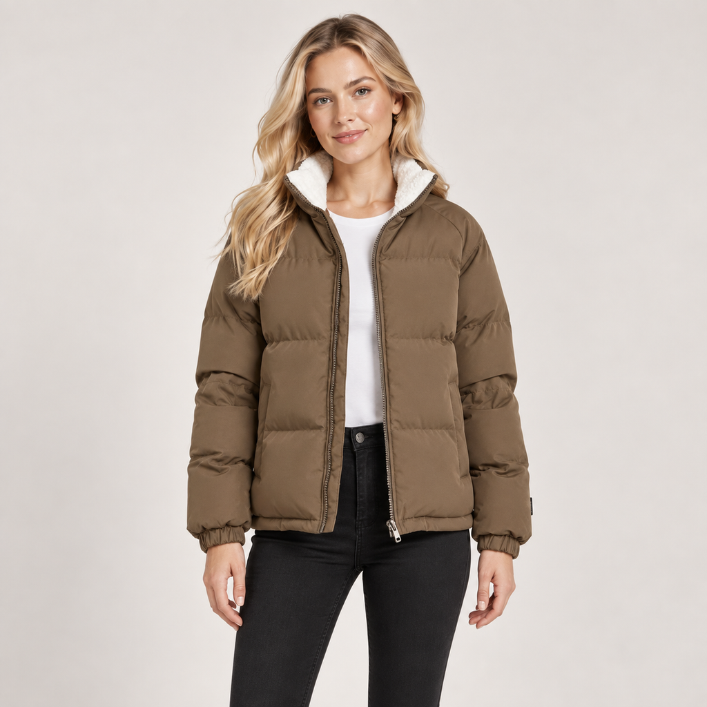 Puffer Jacket Women Quilted Fleece Lined High Neck with Zip Front 0