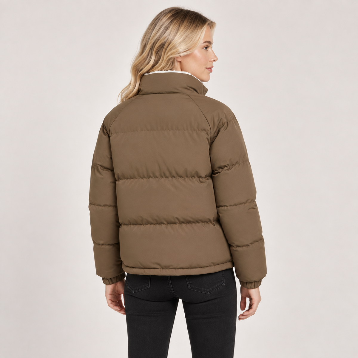 Puffer Jacket Women Quilted Fleece Lined High Neck with Zip Front 1