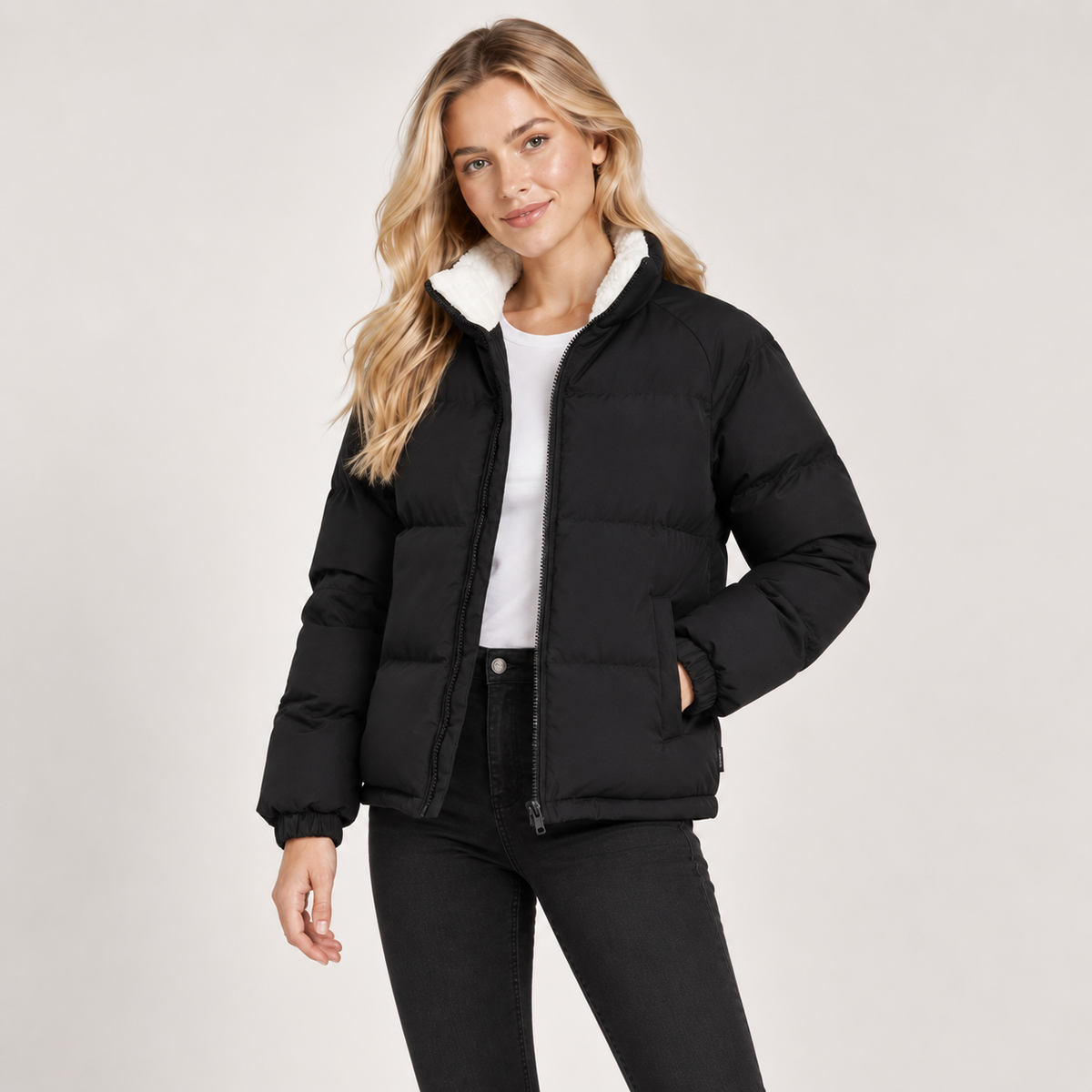 Puffer Jacket Women Quilted Fleece Lined High Neck with Zip Front 3